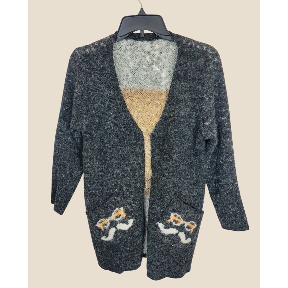 Cardigan Sweater Quirky Hipster Mustache Glasses Top Hat Gray Charcoal S-M